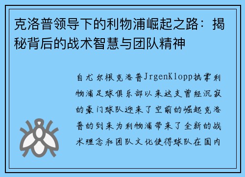 克洛普领导下的利物浦崛起之路：揭秘背后的战术智慧与团队精神