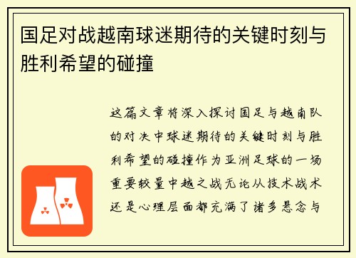 国足对战越南球迷期待的关键时刻与胜利希望的碰撞